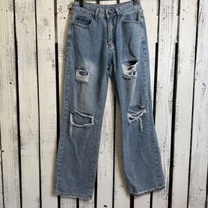 Distressed Jeans Women 26x29 Light Wash Ripped Wide Leg Denim Boho Grunge Skater